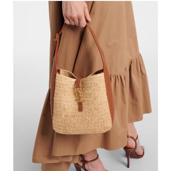 Saint Laurent Le 5 À 7 Supple Small Raffia Shoulder Bag YSL Logo - Picture 3 of 16